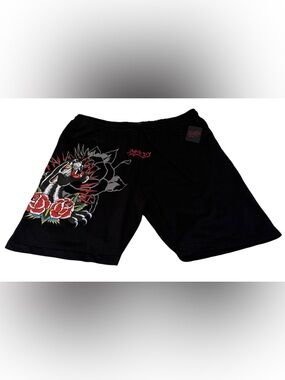 Ed Hardy Men's Panther Print Sweat Shorts Black Color Size XL NWT